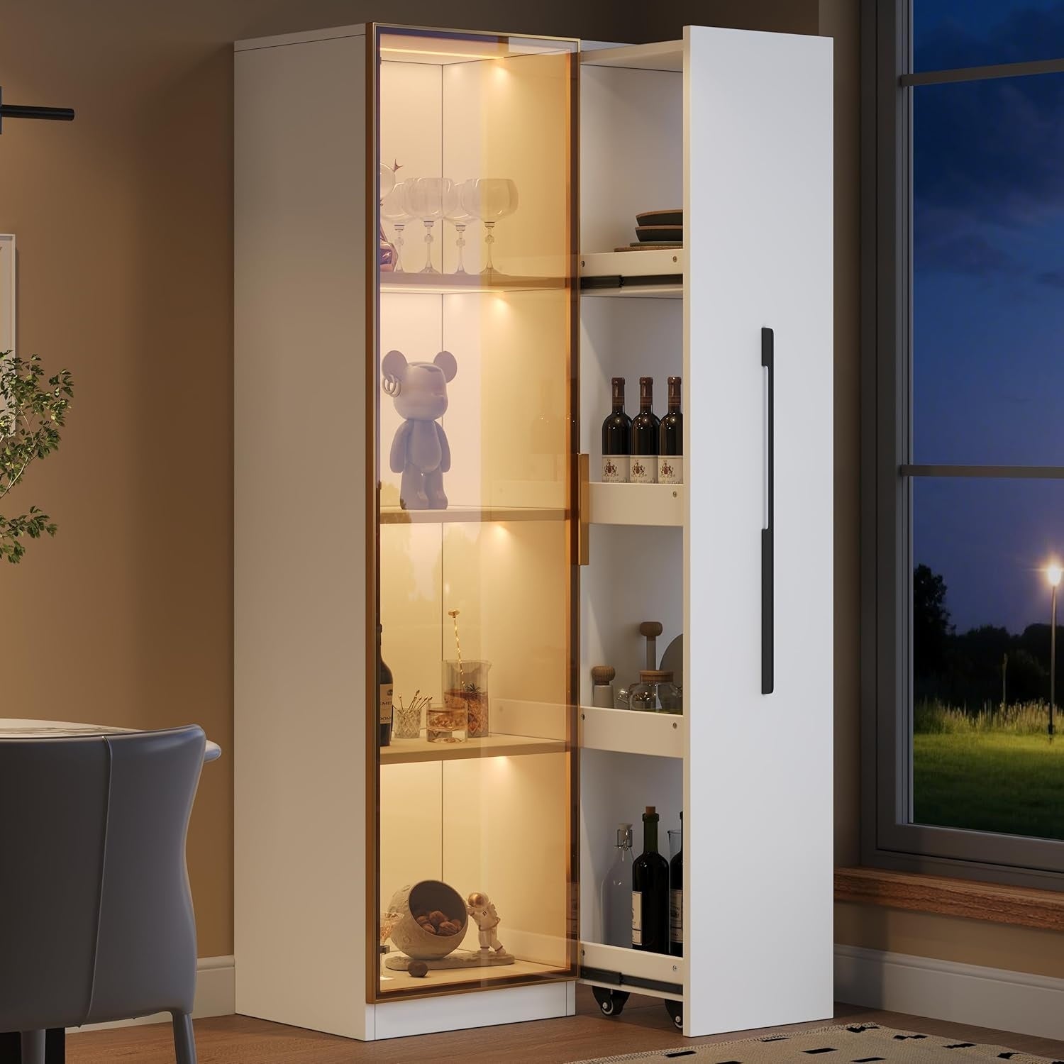 B¨¹cherschrank mit Glast¨¹ren, LED-Beleuchtung, Rollschrank und ausziehbaren Regalb?den, 70 ¡Á 4