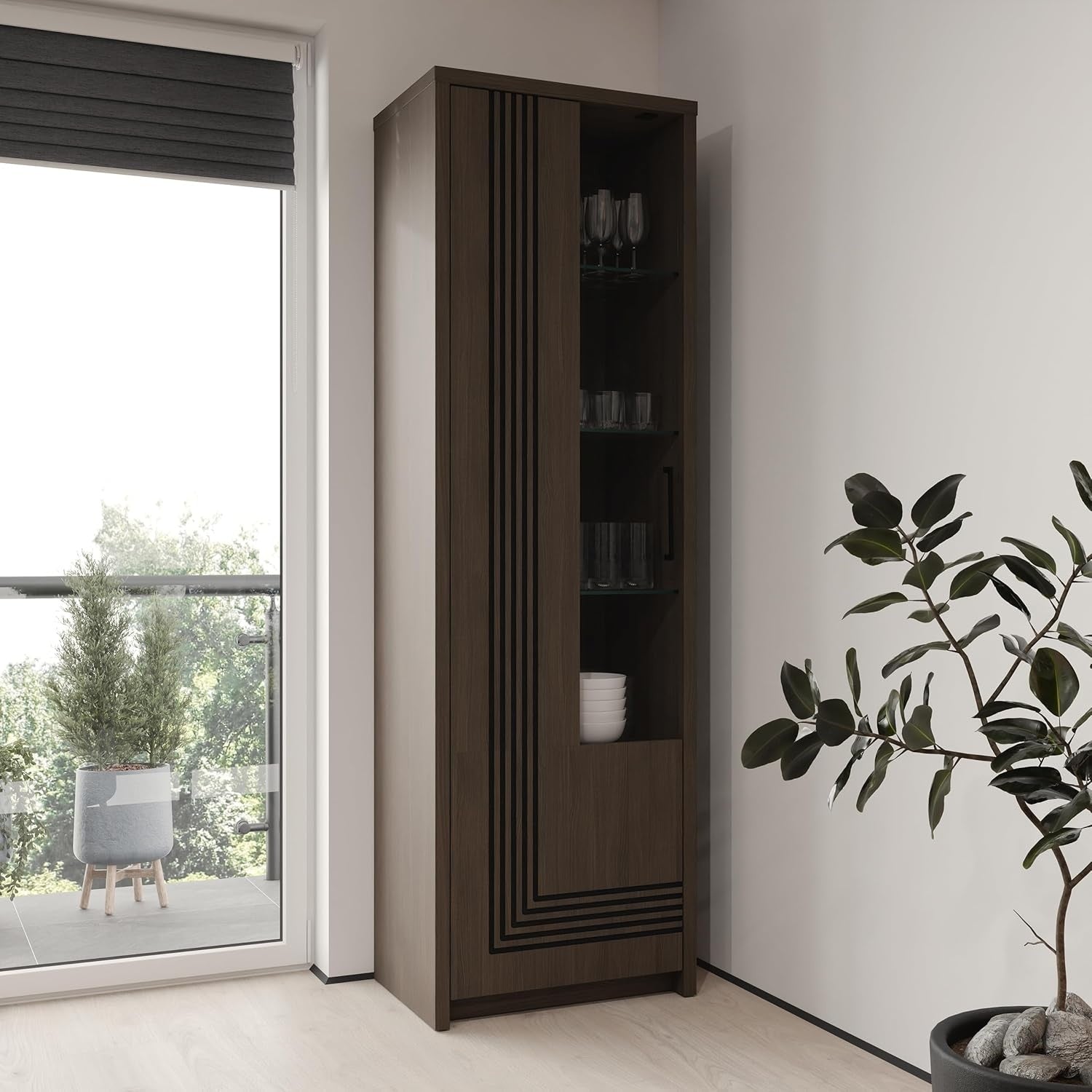 Vitrinenschrank mit 1 T¨¹r und Fr?sfront aus Holzwerkstoff in Dunkelbraun und Schwarzer Eiche, 61,8 ¡Á 198,3