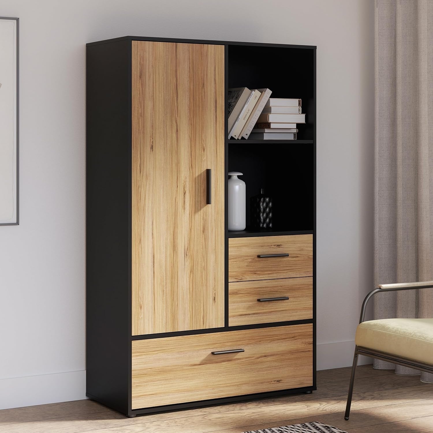 Regalschrank mit offenen F?chern, 3 Schubladen und 1 T¨¹r aus Holzwerkstoff in Mauvella-Eiche und Schwarz, 94,7 ¡Á 157