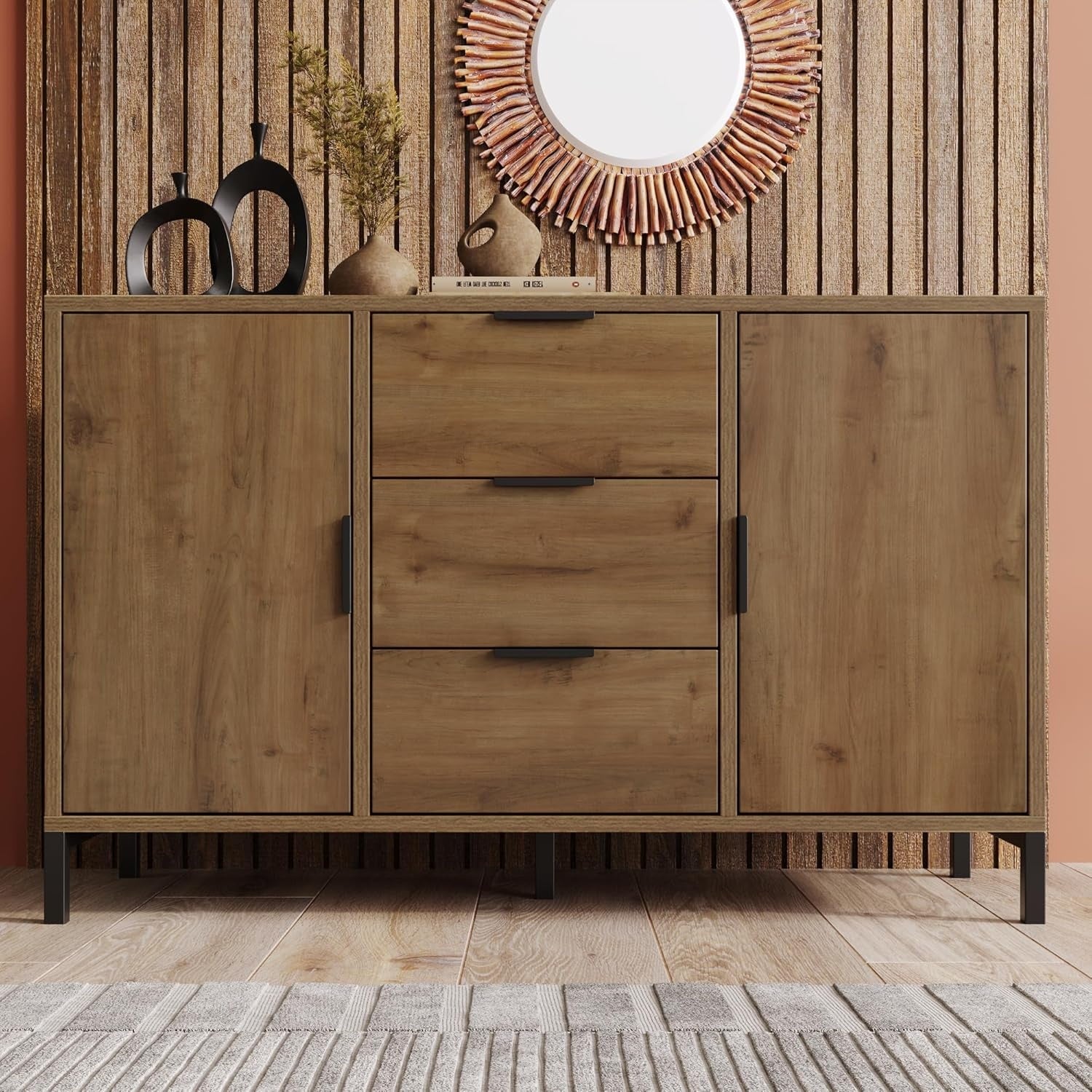 Sideboard mit 2 T¨¹ren, 3 Schubladen und verstellbarem Einlegeboden in dunkler Eiche, 120 ¡Á
