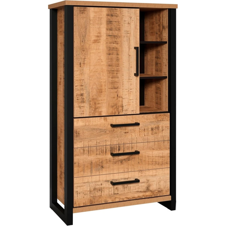 Highboard in Mango und Schwarz mit T¨¹r, 3 Schubladen, offenen F?chern und Einlegeb?den, 87 ¡Á 1