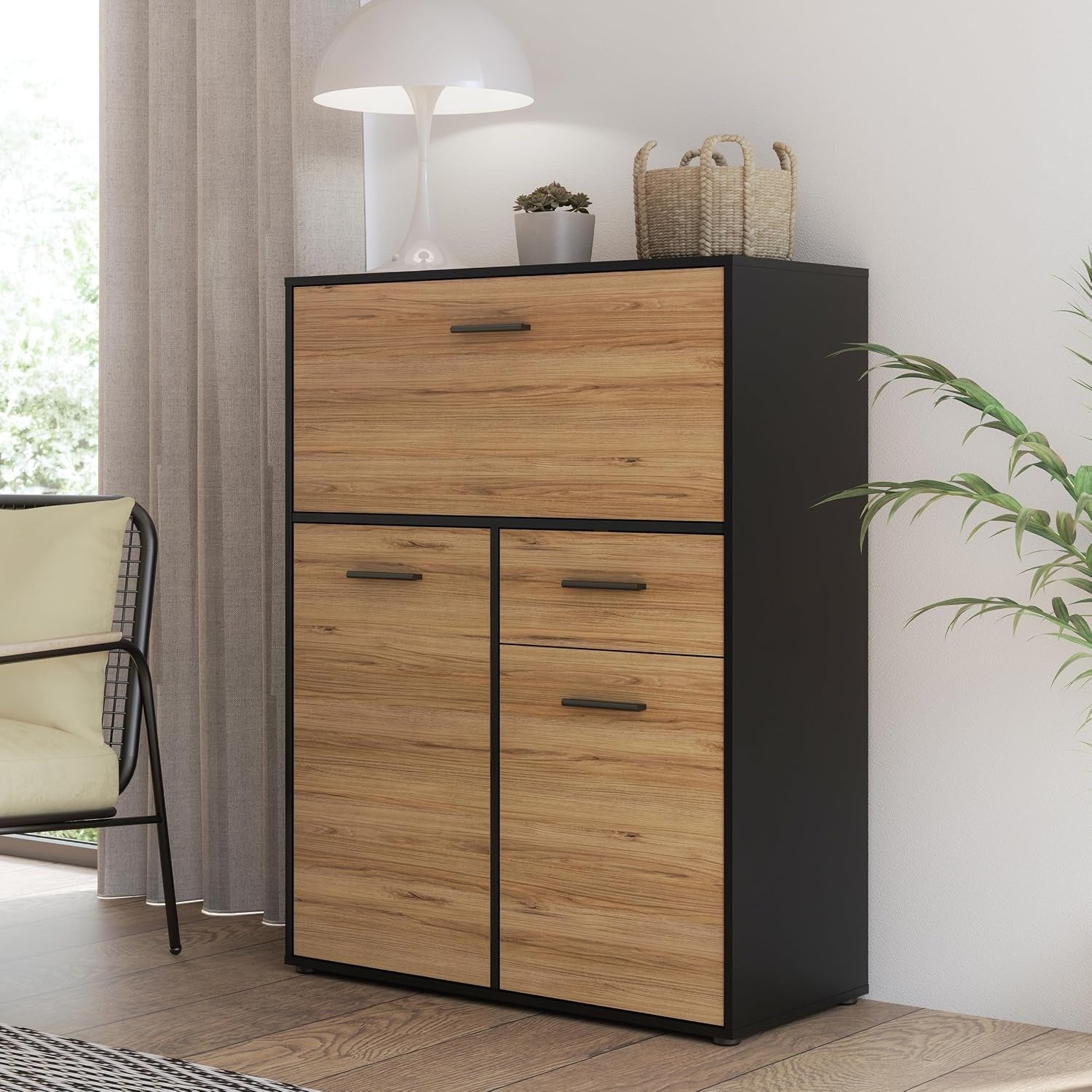 Barschrank mit 2 T¨¹ren, 1 Schublade und Klappfach aus Holzwerkstoff in Mauvella-Eiche und Schwarz, 94,7 ¡Á 123
