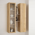 H?ngevitrine mit 2 T¨¹ren, Beleuchtung und offener Ablage aus Holzwerkstoff in Beige und Mauvella-Eiche, 84,2 ¡Á 134,6