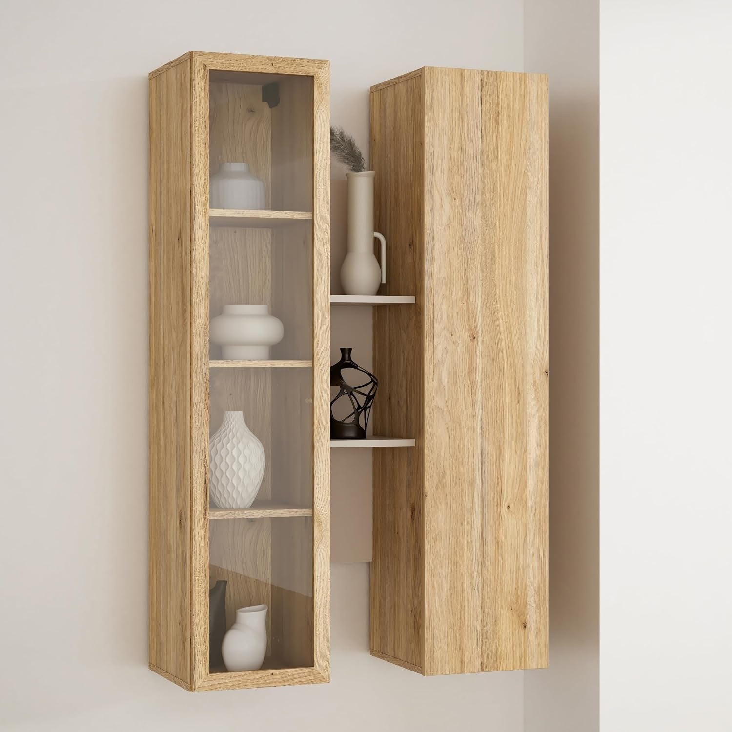 H?ngevitrine mit 2 T¨¹ren, Beleuchtung und offener Ablage aus Holzwerkstoff in Beige und Mauvella-Eiche, 84,2 ¡Á 134,6