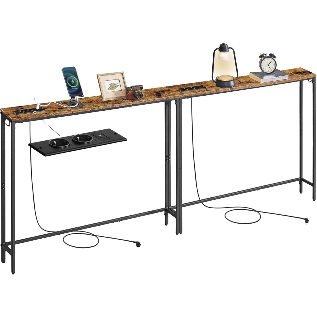 Konsolentisch 2er-Set mit Ladestation und 2 Haken, 15 ¡Á 100 ¡Á 80 cm, Vintagebraun und Tin