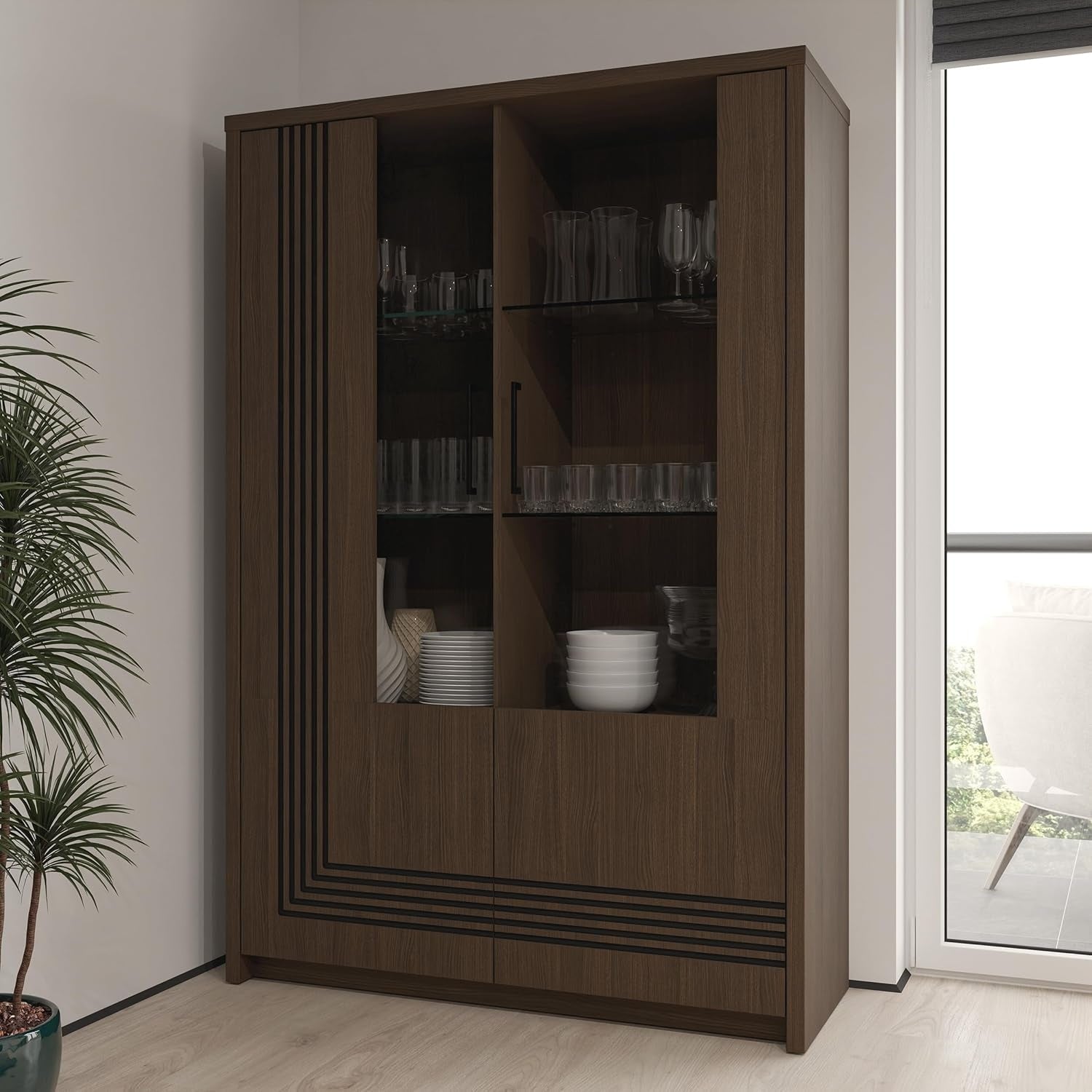 Vitrine mit 2 T¨¹ren und dekorativer Fr?sung, Dunkelbraun und Schwarz, 116,5 ¡Á 172,7