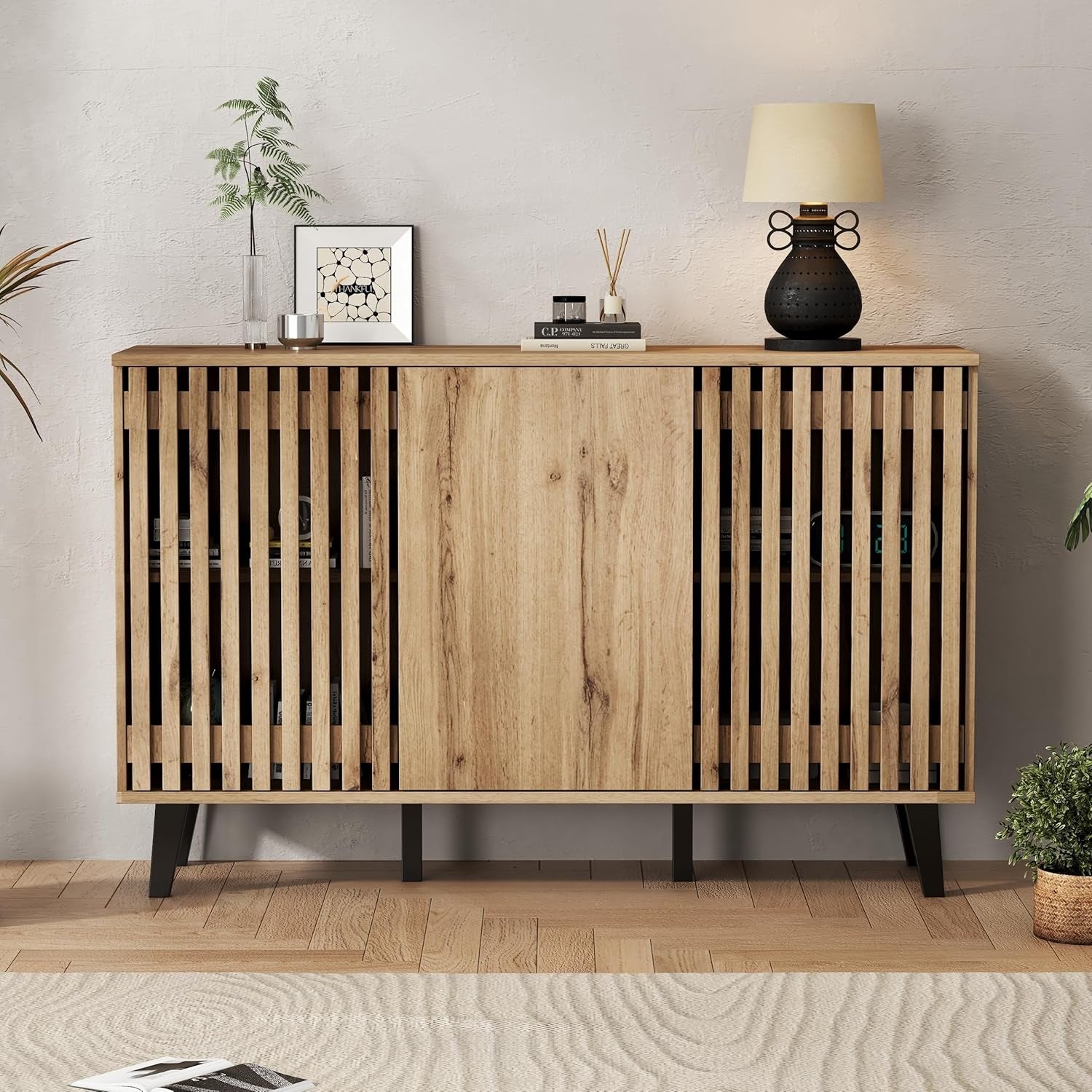 Sideboard mit 3 T¨¹ren und 6 Ablagef?chern, Holzoptik, 1