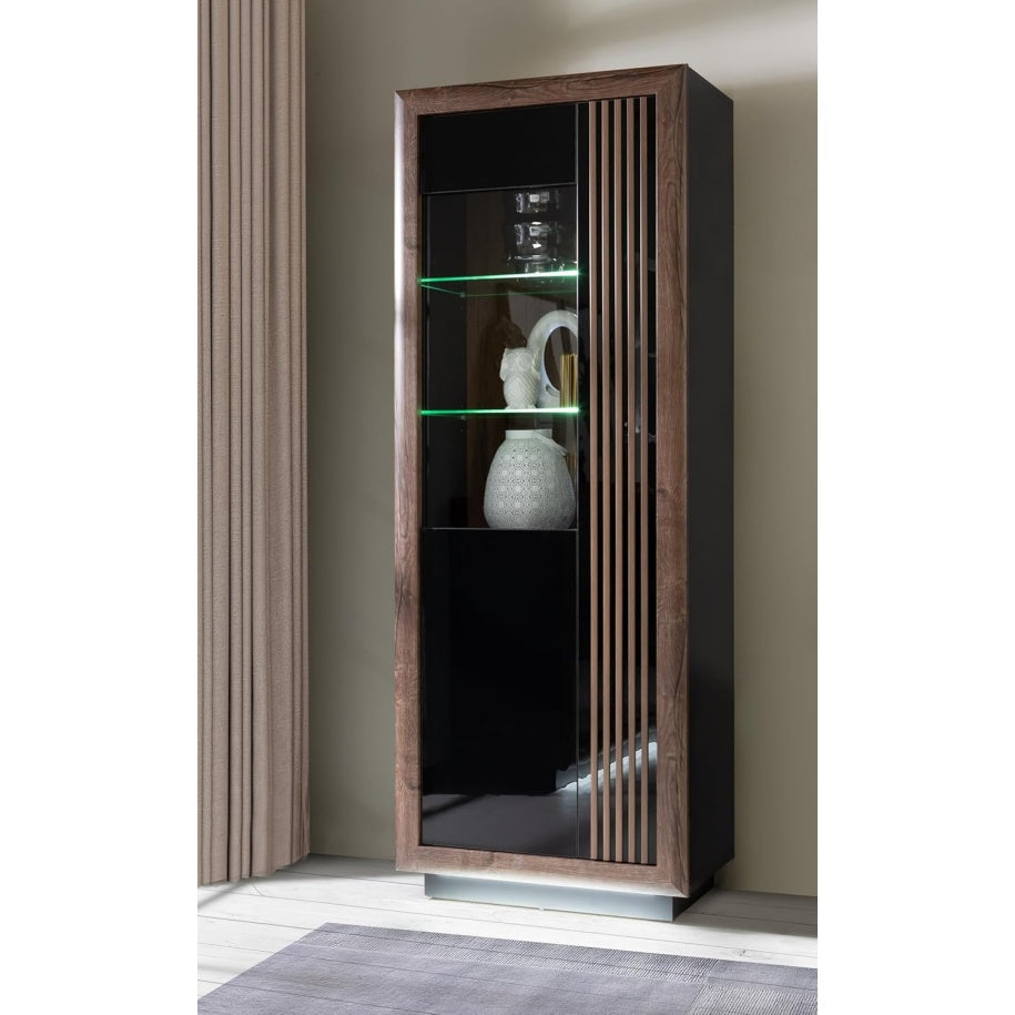 Vitrine mit 1 T¨¹r aus Holzwerkstoff in Schwarz, Edeleiche und Schwarz Hochglanz, 73,3 ¡Á 197