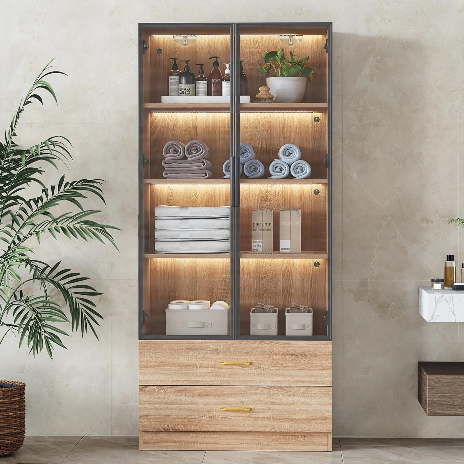 Vitrine mit LED-Beleuchtung, 2 T¨¹ren, Glast¨¹r und 2 Schubladen, 7
