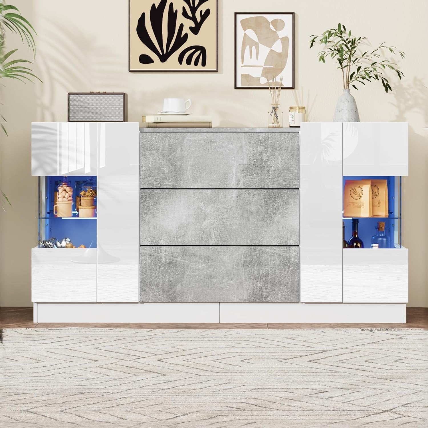 Sideboard mit 2 T¨¹ren, 3 Schubladen und LED-Beleuchtung, 140 ¡Á