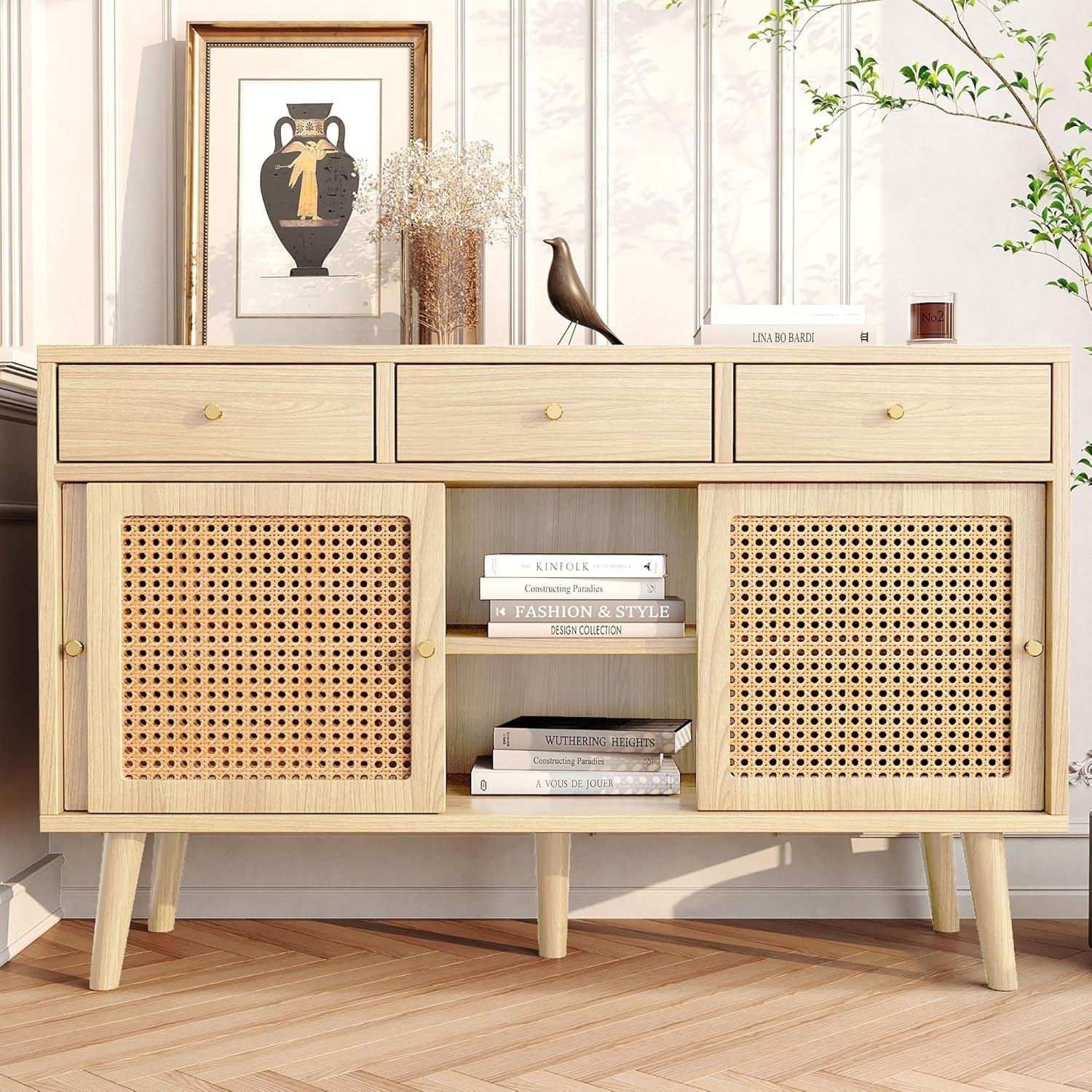 Sideboard in Eichenoptik mit Rattanfronten, 3 Schubladen und 3 Sc